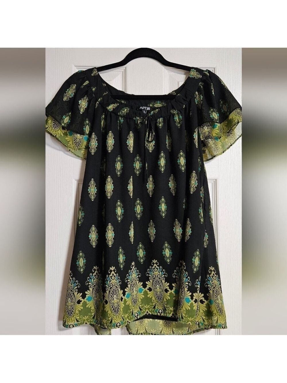 Boho Medallion Print Peasant Blouse Black Green XL